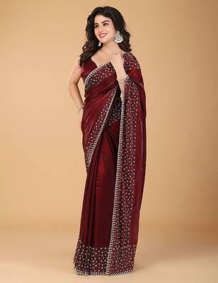 Red stonework embellished beads border satin saree with unstitched blouse 4