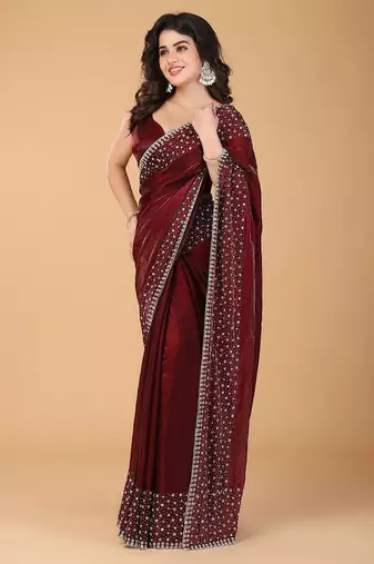 Red stonework embellished beads border satin saree with unstitched blouse