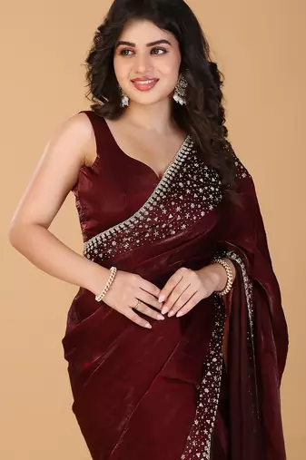 Red stonework embellished beads border satin saree with unstitched blouse