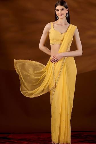 Yellow floral embroidered  chiffon saree