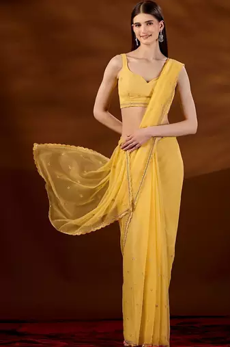 Yellow floral embroidered  chiffon saree