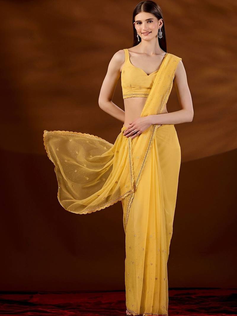 Yellow floral embroidered  chiffon saree