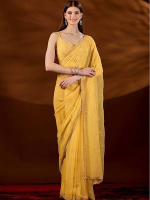 Yellow floral embroidered  chiffon saree 2