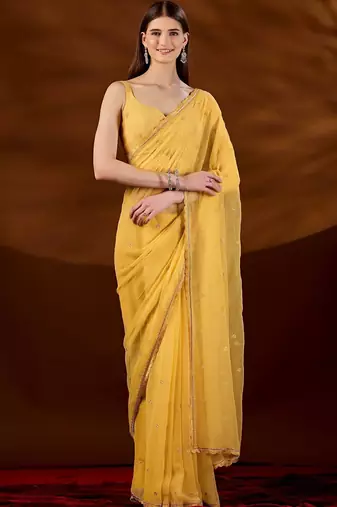 Yellow floral embroidered  chiffon saree