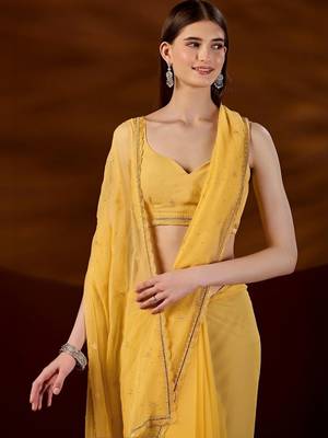 Yellow floral embroidered  chiffon saree 3
