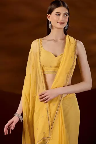 Yellow floral embroidered  chiffon saree