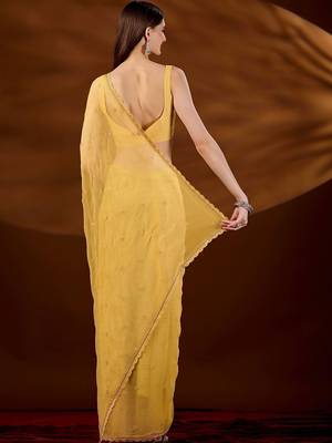 Yellow floral embroidered  chiffon saree 4