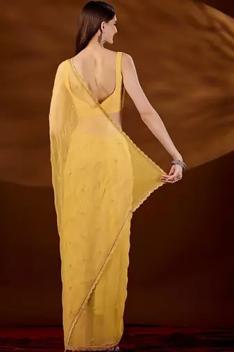 Yellow floral embroidered  chiffon saree