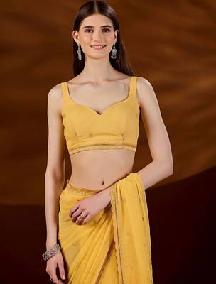 Yellow floral embroidered  chiffon saree 5