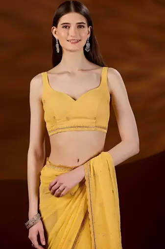 Yellow floral embroidered  chiffon saree