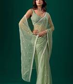 Sea green woven design embroidered  chiffon saree