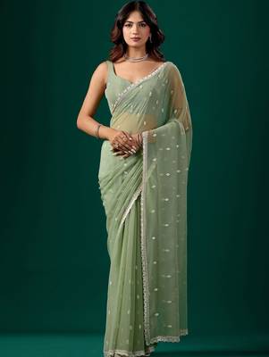 Sea green woven design embroidered  chiffon saree 2
