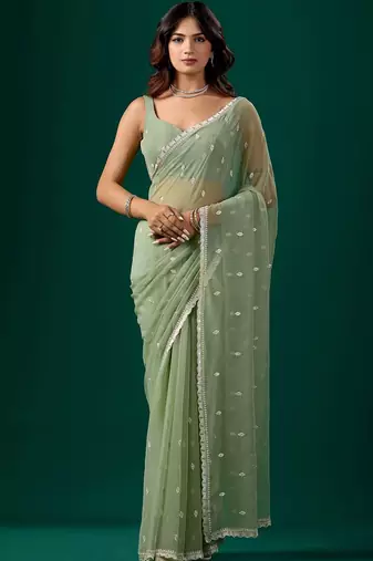 Sea green woven design embroidered  chiffon saree