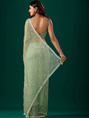 Sea green woven design embroidered  chiffon saree 4