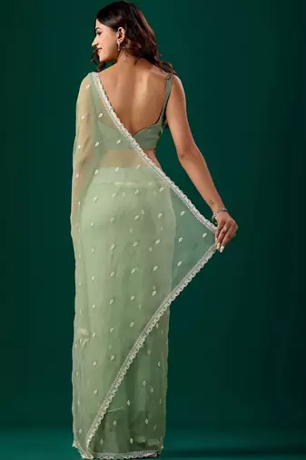 Sea green woven design embroidered  chiffon saree