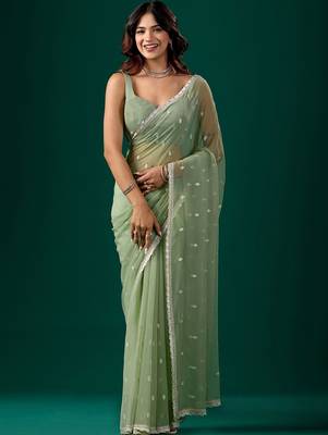 Sea green woven design embroidered  chiffon saree 5