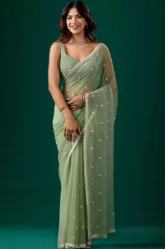 Sea green woven design embroidered  chiffon saree