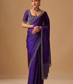 Purple woven design beads and stones satin heavy work saree