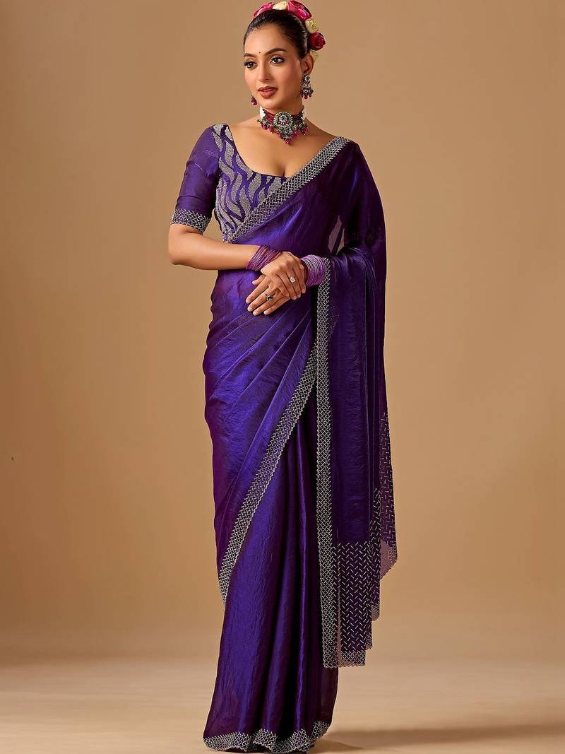 Purple woven design beads and stones satin heavy work saree