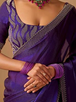 Purple woven design beads and stones satin heavy work saree 2