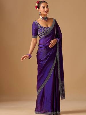 Purple woven design beads and stones satin heavy work saree 3