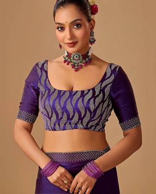 Purple woven design beads and stones satin heavy work saree 4