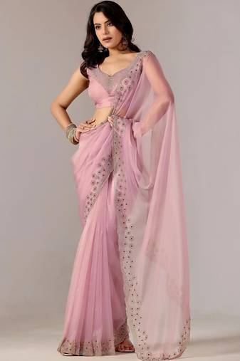 Pink embroidered  chiffon saree