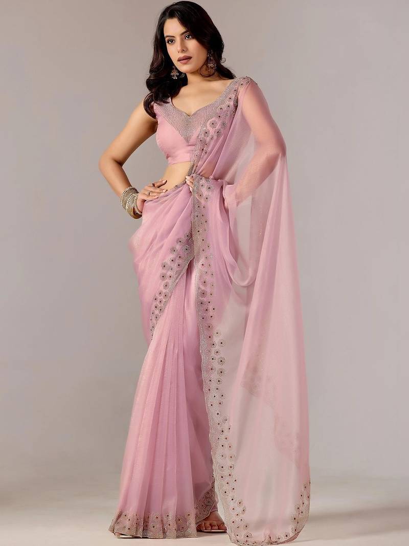 Pink embroidered  chiffon saree