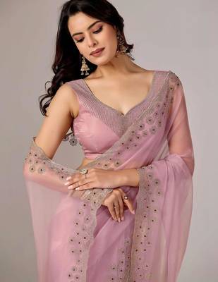 Pink embroidered  chiffon saree 2