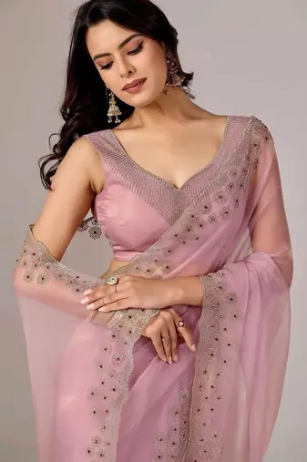 Pink embroidered  chiffon saree