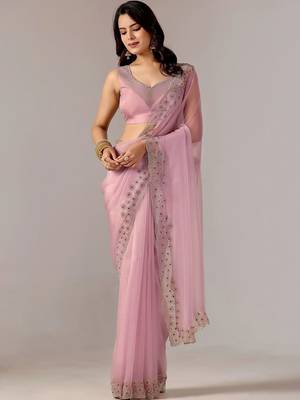 Pink embroidered  chiffon saree 3