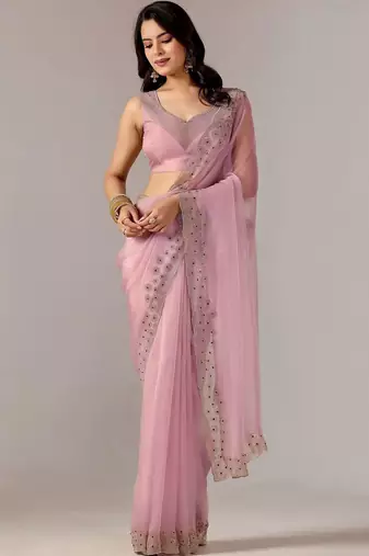 Pink embroidered  chiffon saree