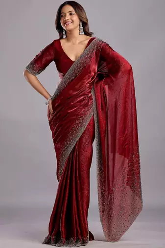 Maroon embellished beads and stones organza heavy work saree