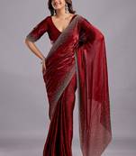 Maroon embellished beads and stones organza heavy work saree