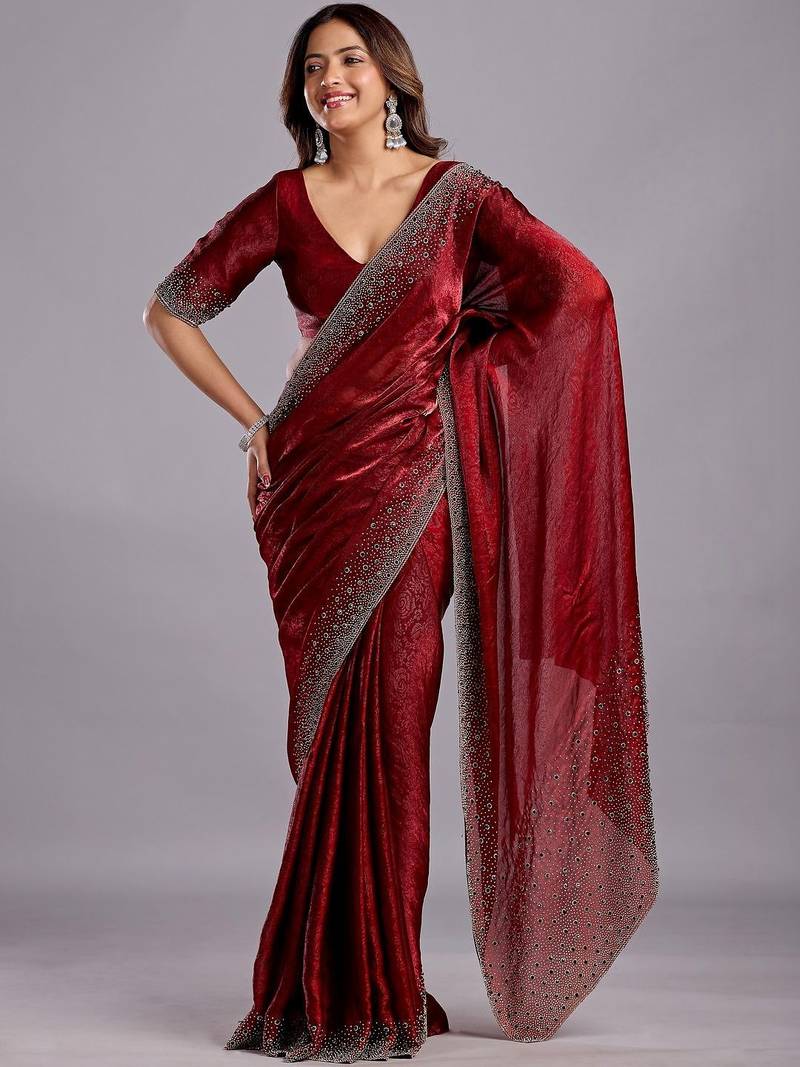 Maroon embellished beads and stones organza heavy work saree