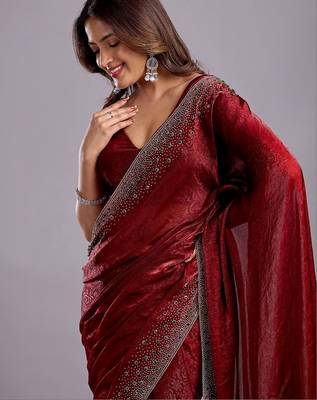 Maroon embellished beads and stones organza heavy work saree 2