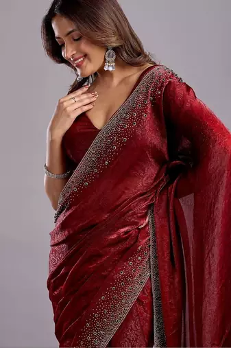 Maroon embellished beads and stones organza heavy work saree