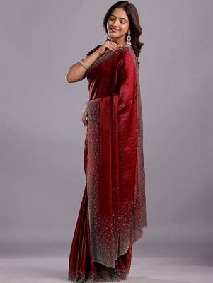 Maroon embellished beads and stones organza heavy work saree 3