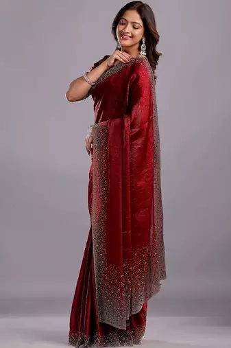 Maroon embellished beads and stones organza heavy work saree