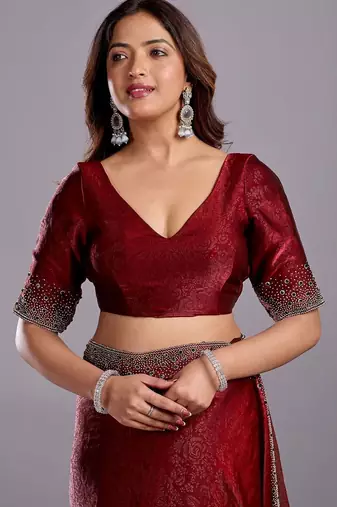 Maroon embellished beads and stones organza heavy work saree