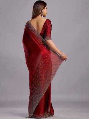 Maroon embellished beads and stones organza heavy work saree 5