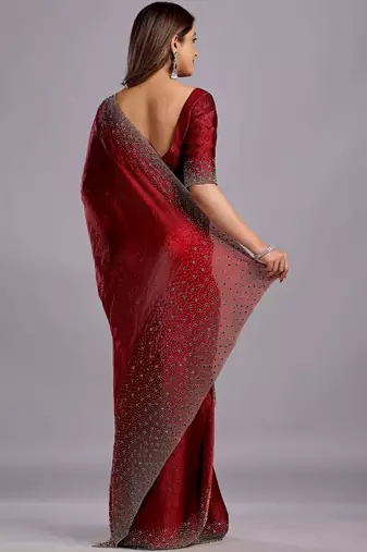 Maroon embellished beads and stones organza heavy work saree
