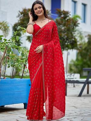 Red embellished beads and stones silk blend saree 1