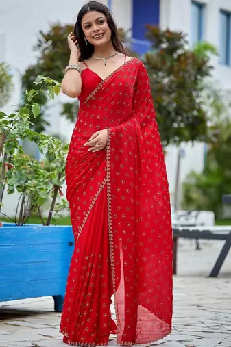 Red embellished beads and stones silk blend saree