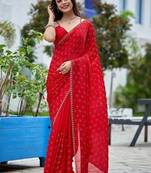 Red embellished beads and stones silk blend saree