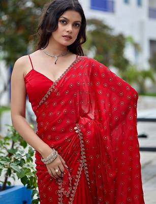 Red embellished beads and stones silk blend saree 2