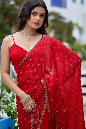 Red embellished beads and stones silk blend saree