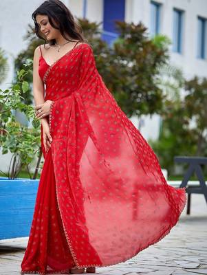 Red embellished beads and stones silk blend saree 3