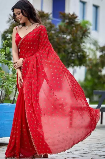 Red embellished beads and stones silk blend saree