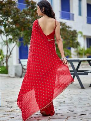 Red embellished beads and stones silk blend saree 4